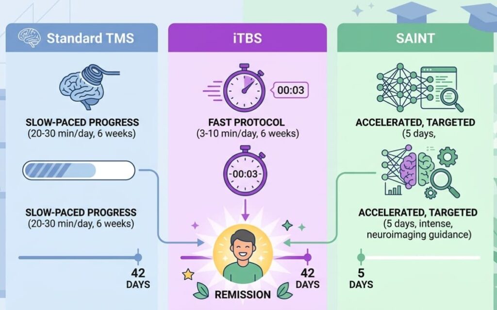 What is the Success Rate of TMS? Infographic comparing Standard TMS, iTBS, and SAINT protocols leading to remission. 