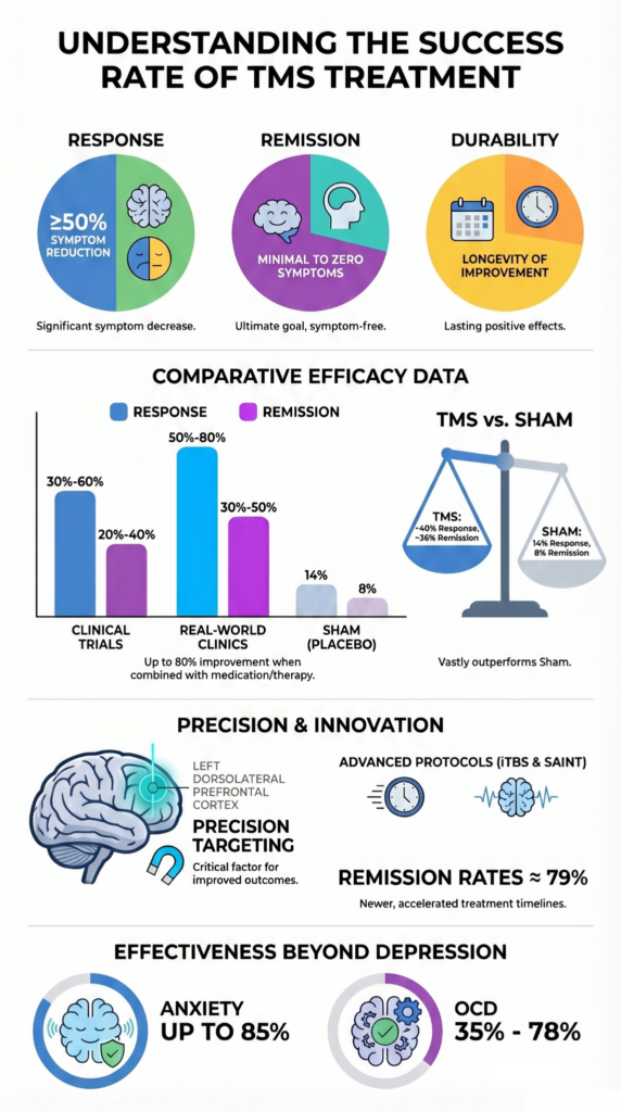 Infographic answering What is the Success Rate of TMS? showing response, remission, and efficacy data across treatments.