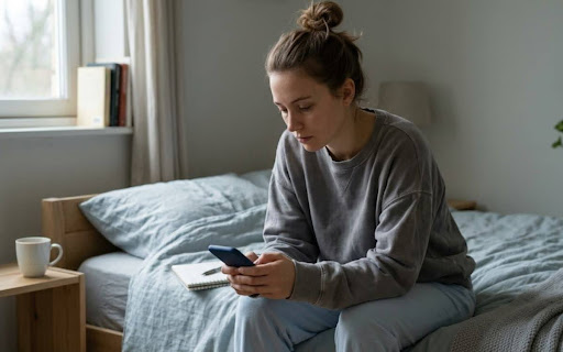 A young woman sitting on her bed researching Does TMS Really Help With Depression? on her phone in a quiet bedroom.