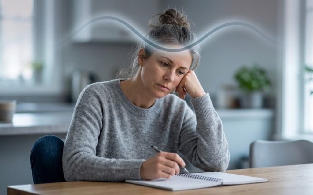 A distressed woman with brain wave overlay, representing the emotional burden of asking can TMS cure depression. 
