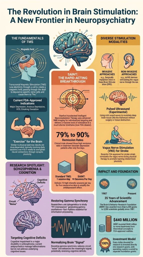 Brain stimulation infographic exploring TMS advancements and research supporting whether can TMS cure depression long-term. 
