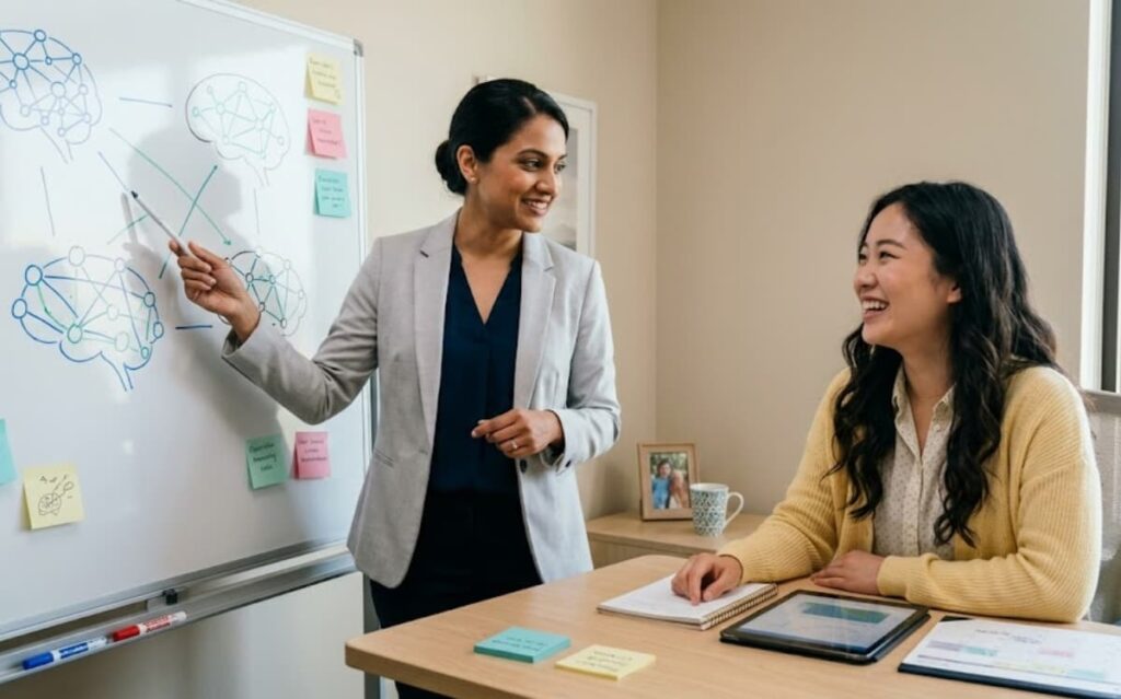 A doctor explains brain network diagrams to a patient, discussing evidence behind can TMS cure depression effectively. 
