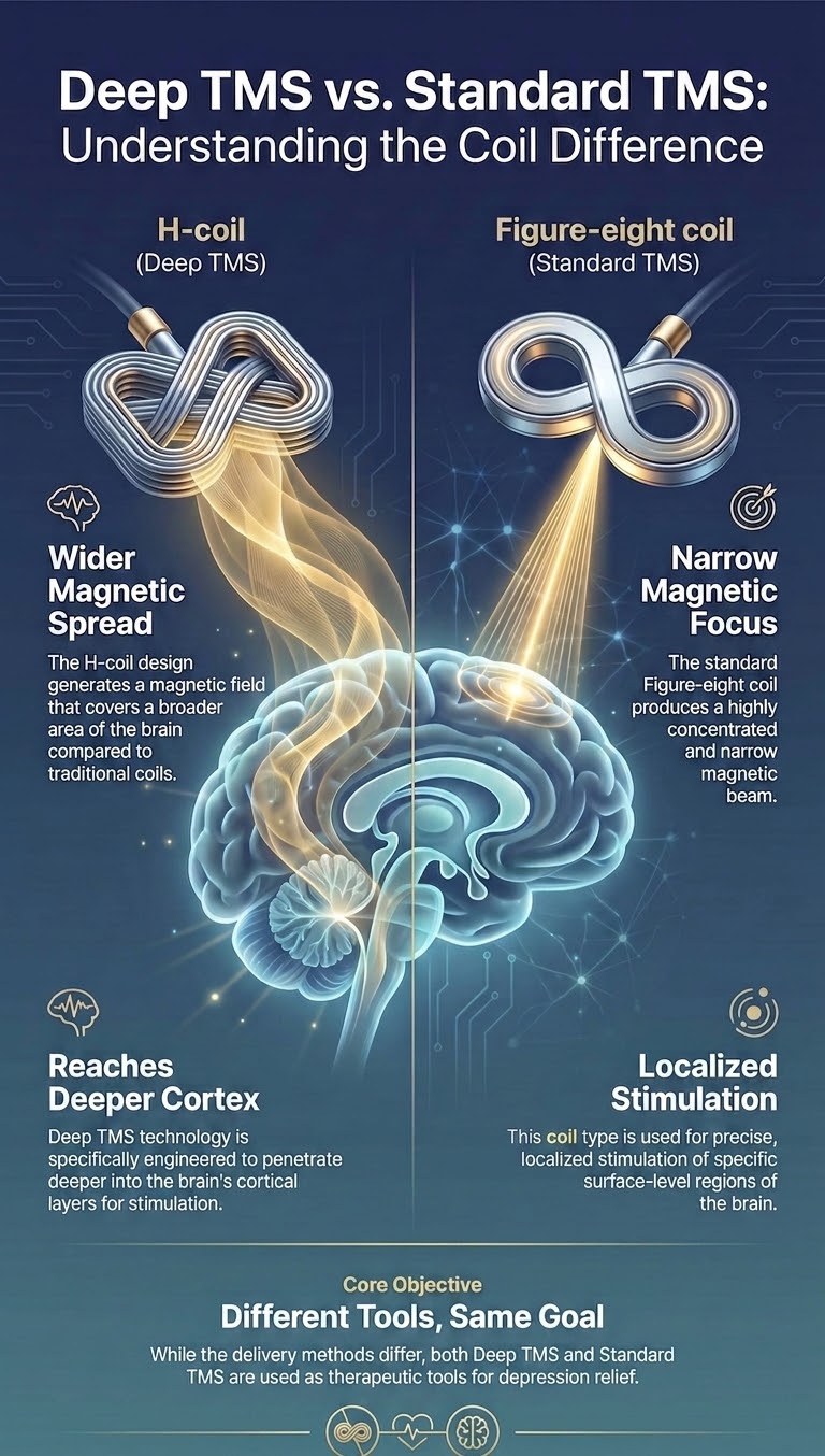 Deep TMS Vs Standard TMS For Depression Explained 2 Infographic comparing H-coil and figure-eight coil designs for deep versus standard TMS therapy.